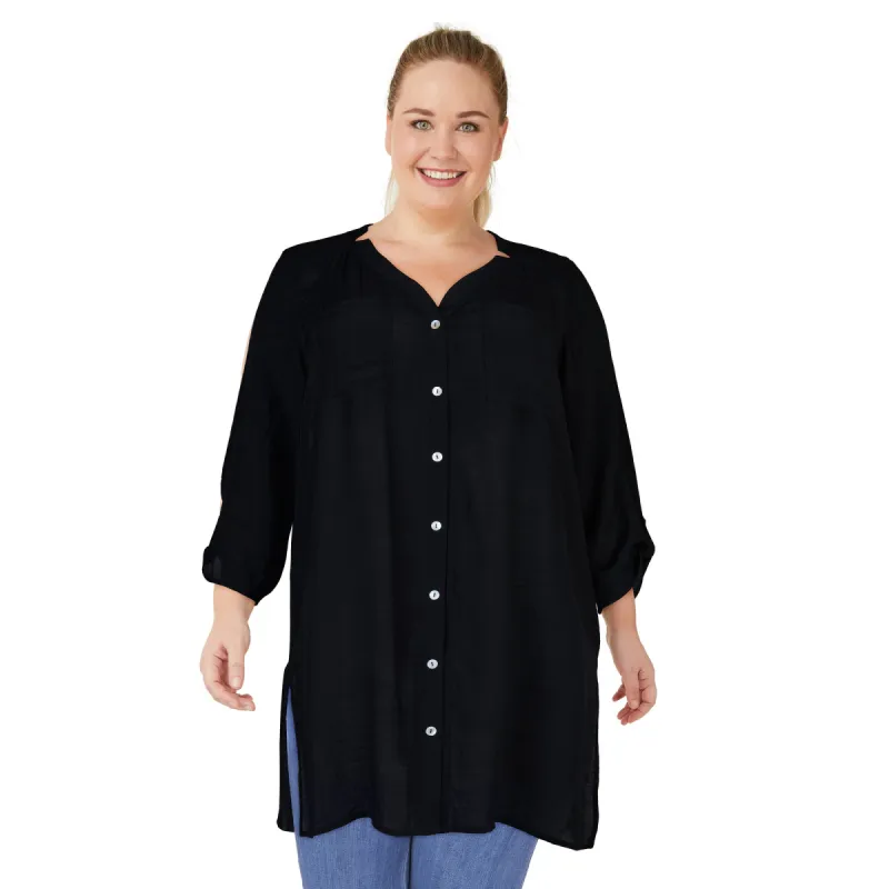 lily morgan Women's Plus Tropical Solid Print Crinkle Blouse sold by Giant Tiger