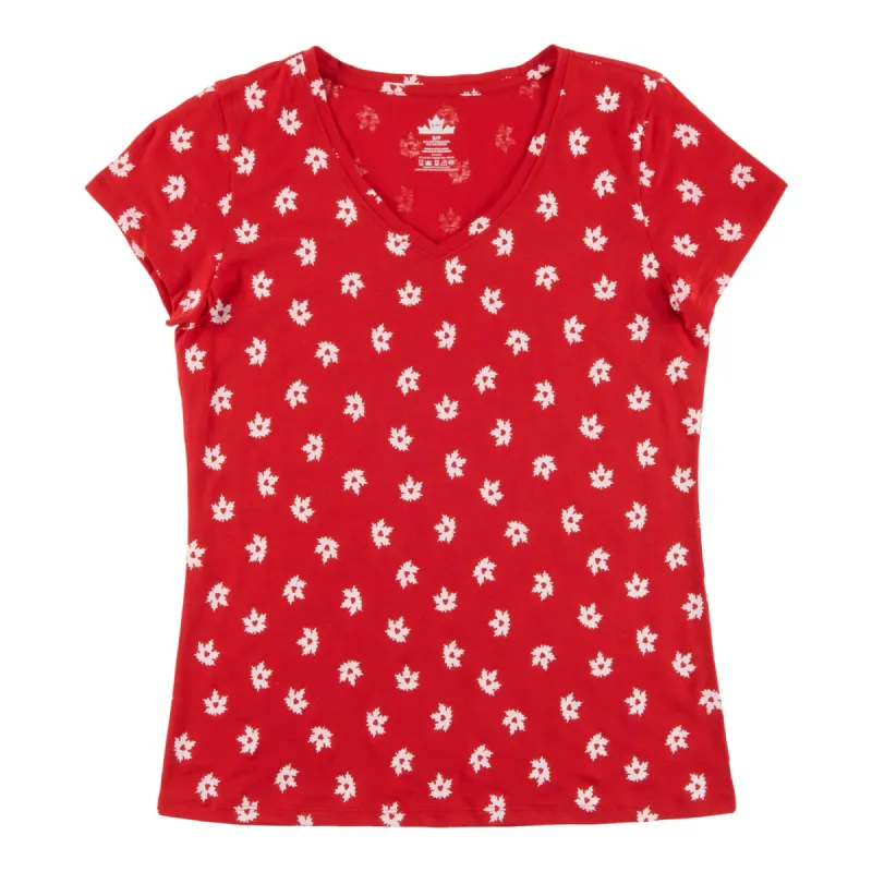 Canada Eh! Women's Seasonal All-Over Print V-Neck Canada T-Shirt sold by Giant Tiger