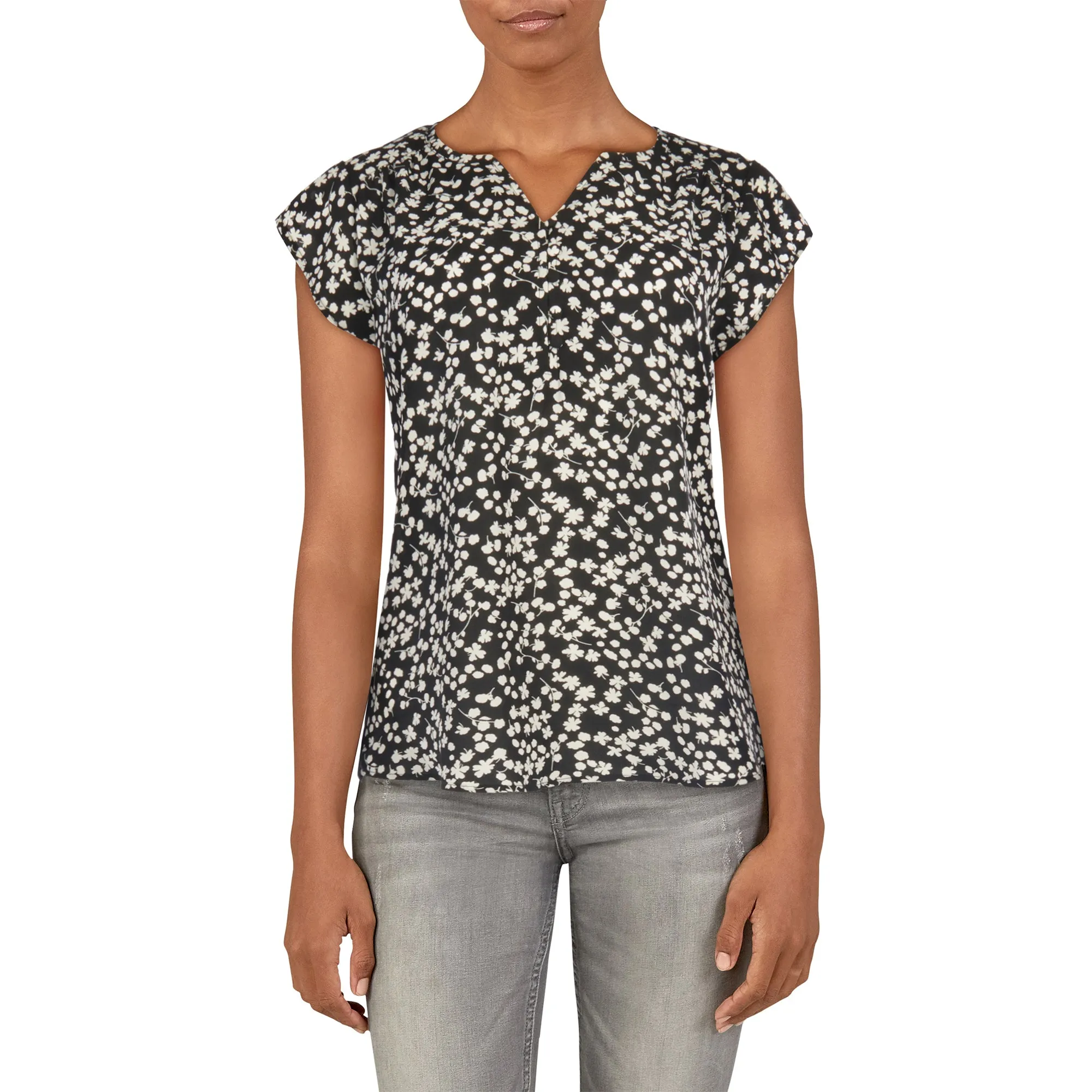lily morgan Women's Simply Chic Printed Short Sleeve Blouse with Knit Back sold by Giant Tiger