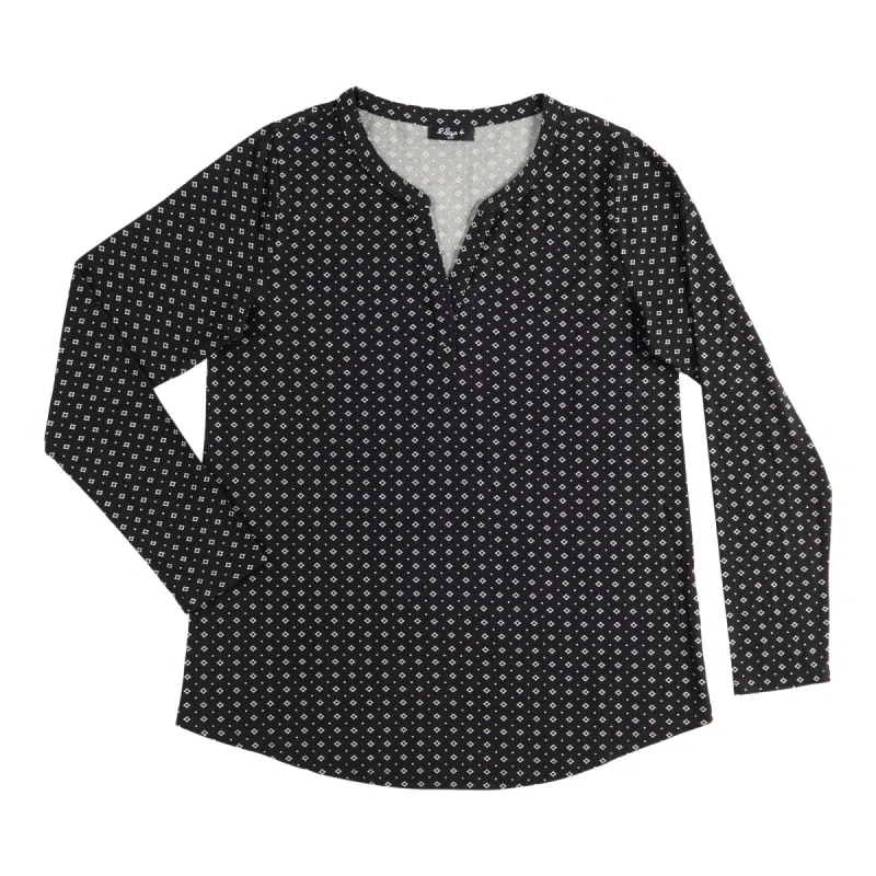 Women's Long Sleeve Printed Split V-Neck Top, Black sold by Giant Tiger