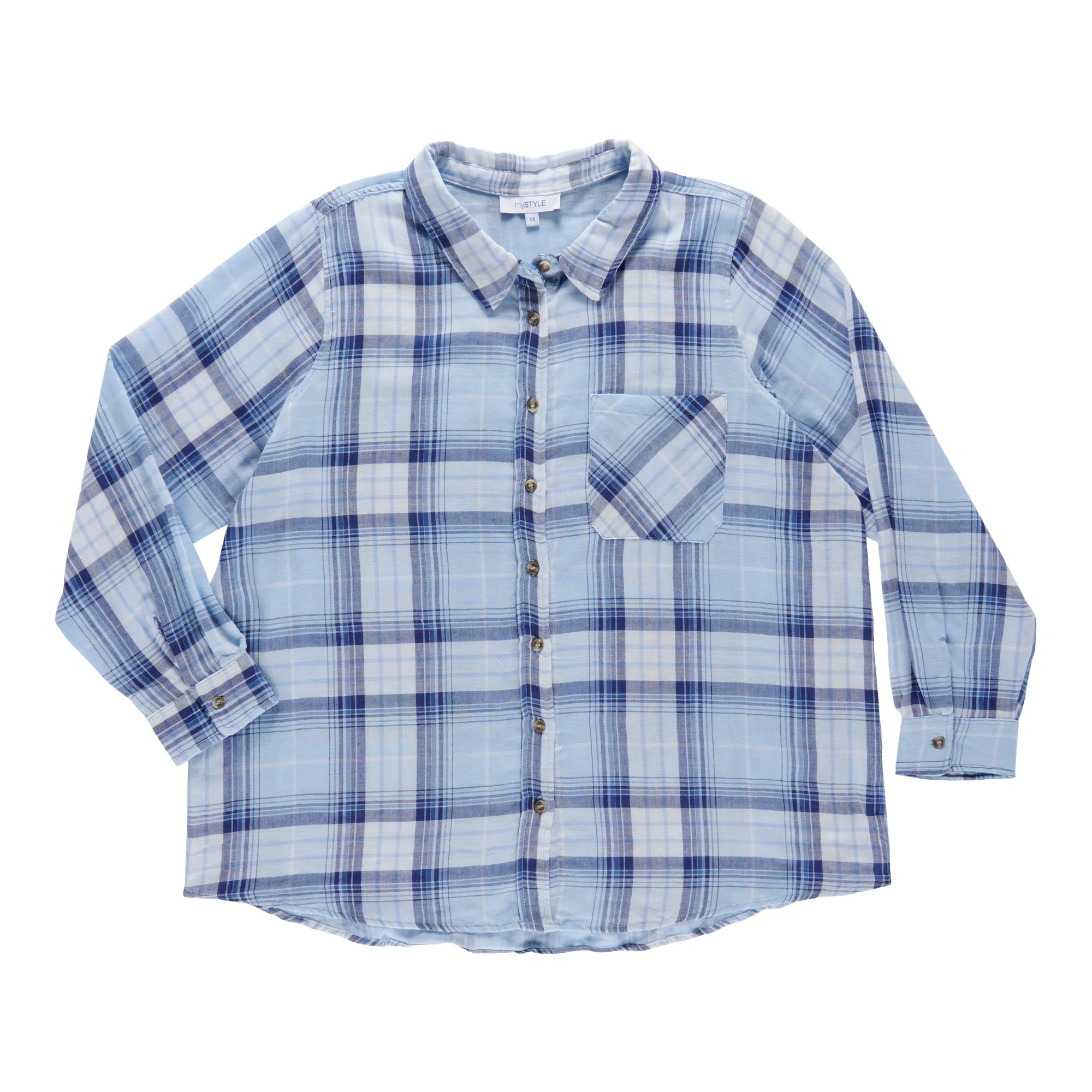 mySTYLE Women's Plus Street Smart Textured Plaid Shirt sold by Giant Tiger