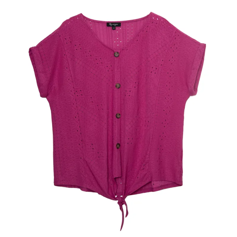 lily morgan Women's Plus Tropical Eyelet Tie Front Top sold by Giant Tiger