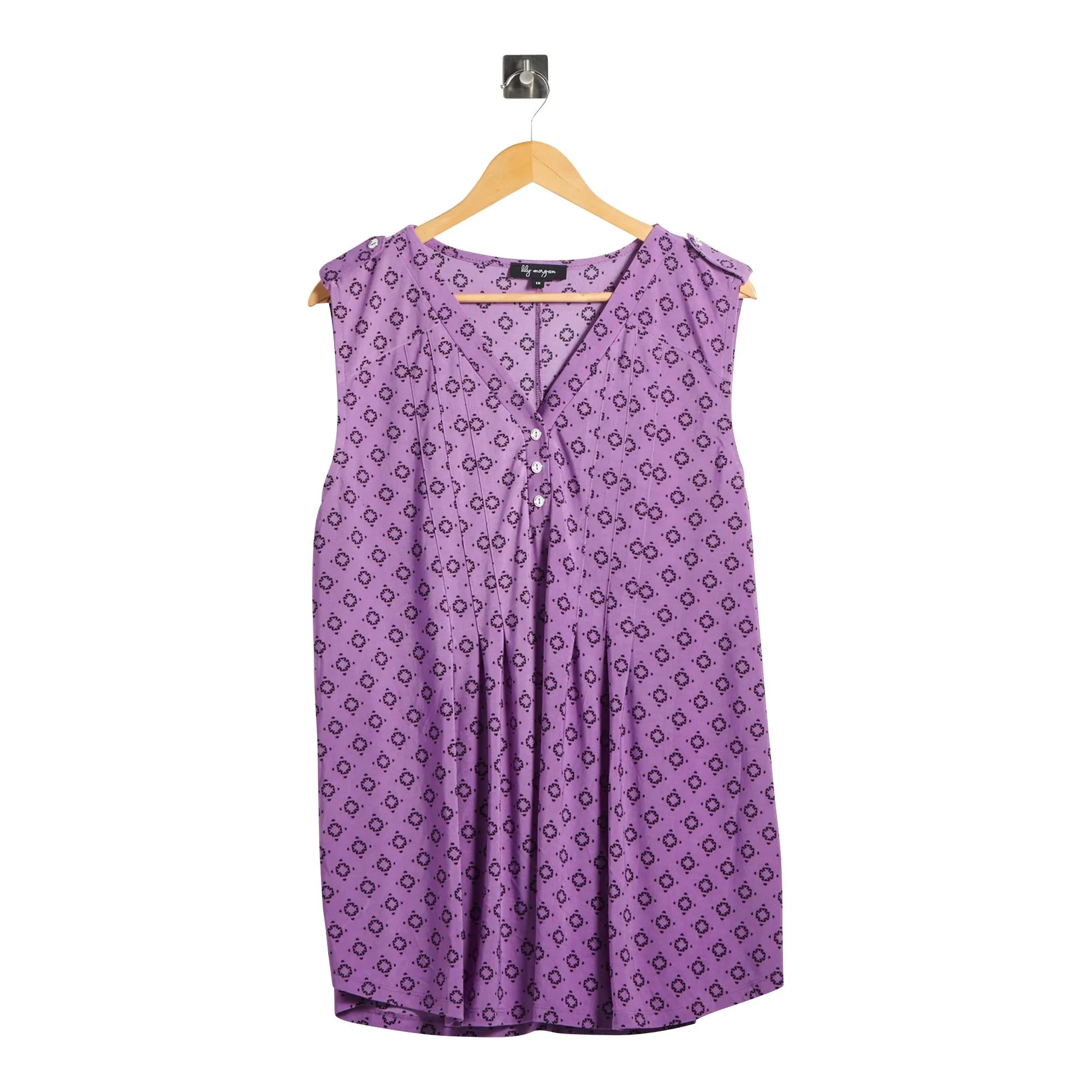 lily morgan Women's Plus Sleeveless Printed Pintuck V-Neck with 1/4 Button Placket sold by Giant Tiger product image thumbnail 3