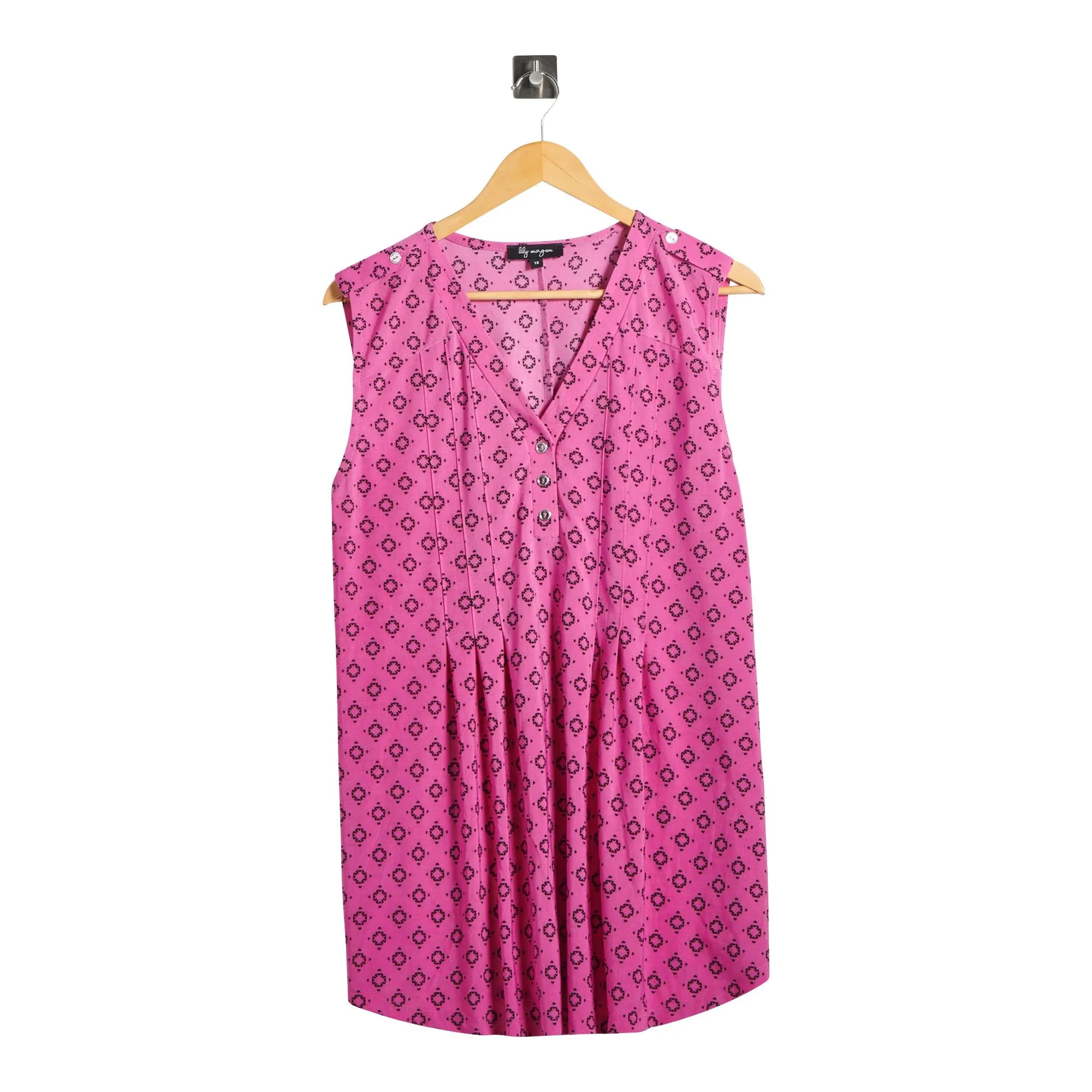 lily morgan Women's Plus Sleeveless Printed Pintuck V-Neck with 1/4 Button Placket sold by Giant Tiger product image thumbnail 4