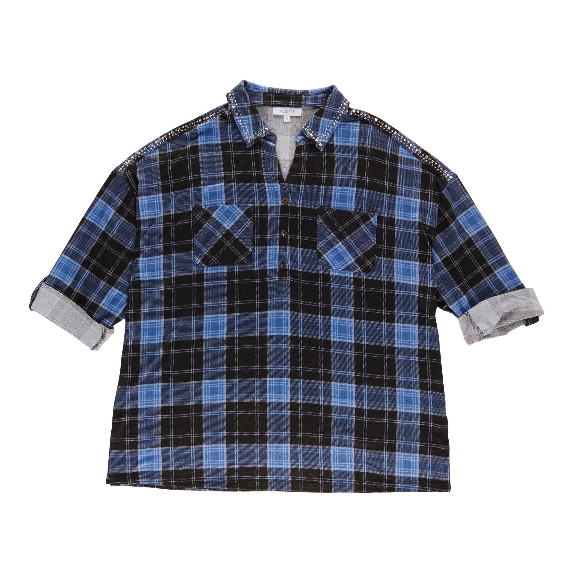 mySTYLE Women's Plus Plaid Top with Studs sold by Giant Tiger