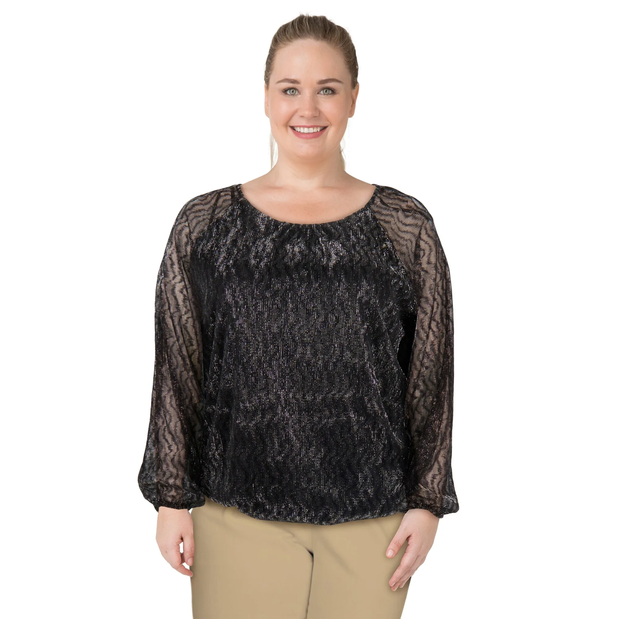 lily morgan Women's Plus Long Sleeve Shimer Top sold by Giant Tiger