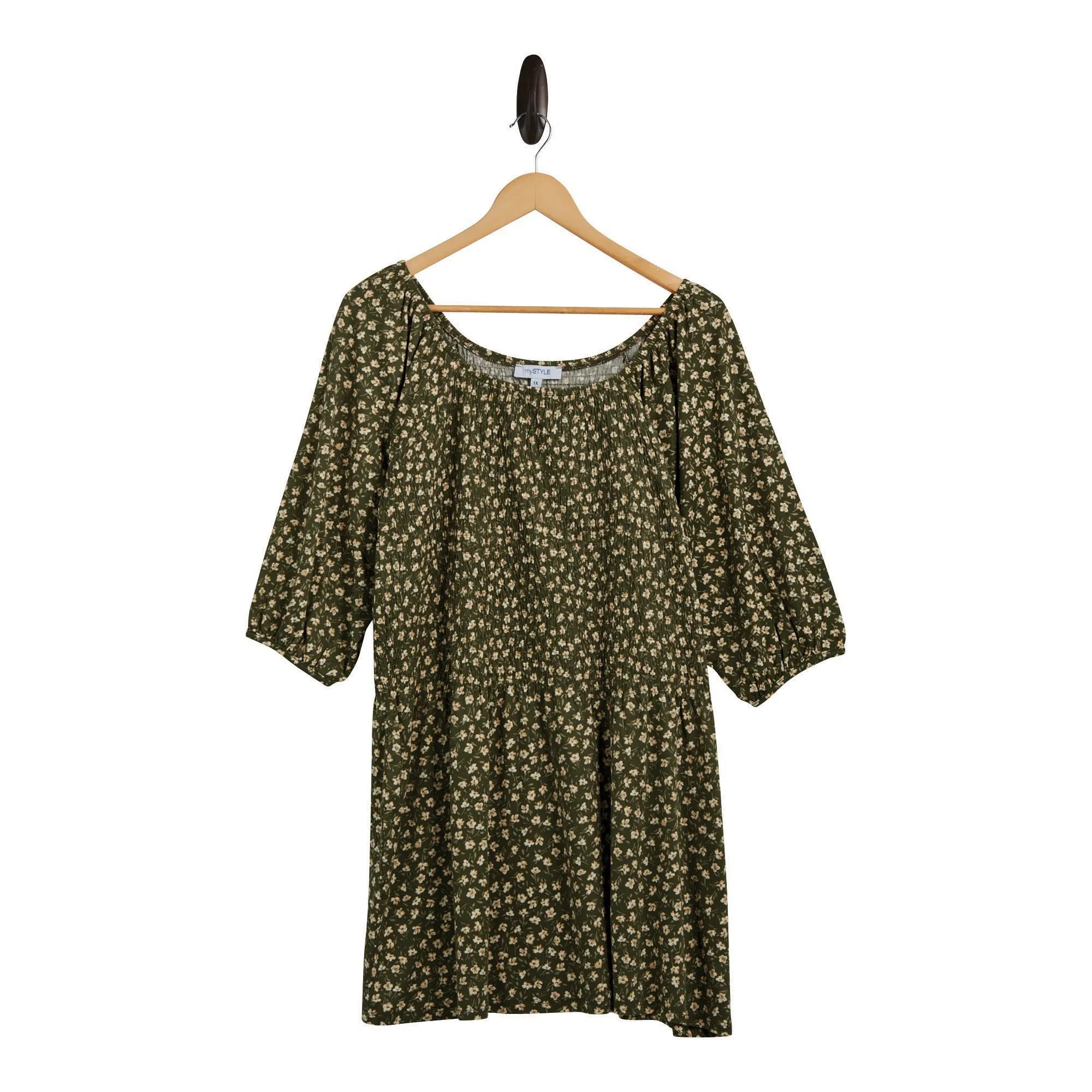 mySTYLE Women's Plus Street Smart Printed 3/4 Sleeve Scoop Neck Smocked Top sold by Giant Tiger