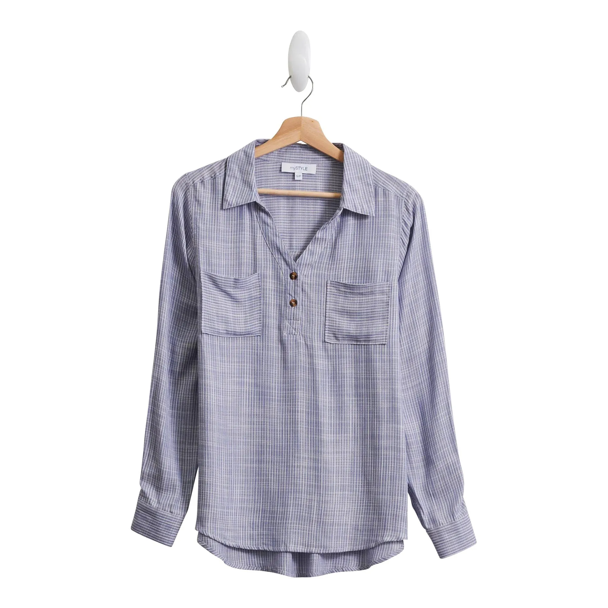mySTYLE Women's Striped Long Sleeve Popover Shirt with Button Placket and Dual Chest Pockets sold by Giant Tiger
