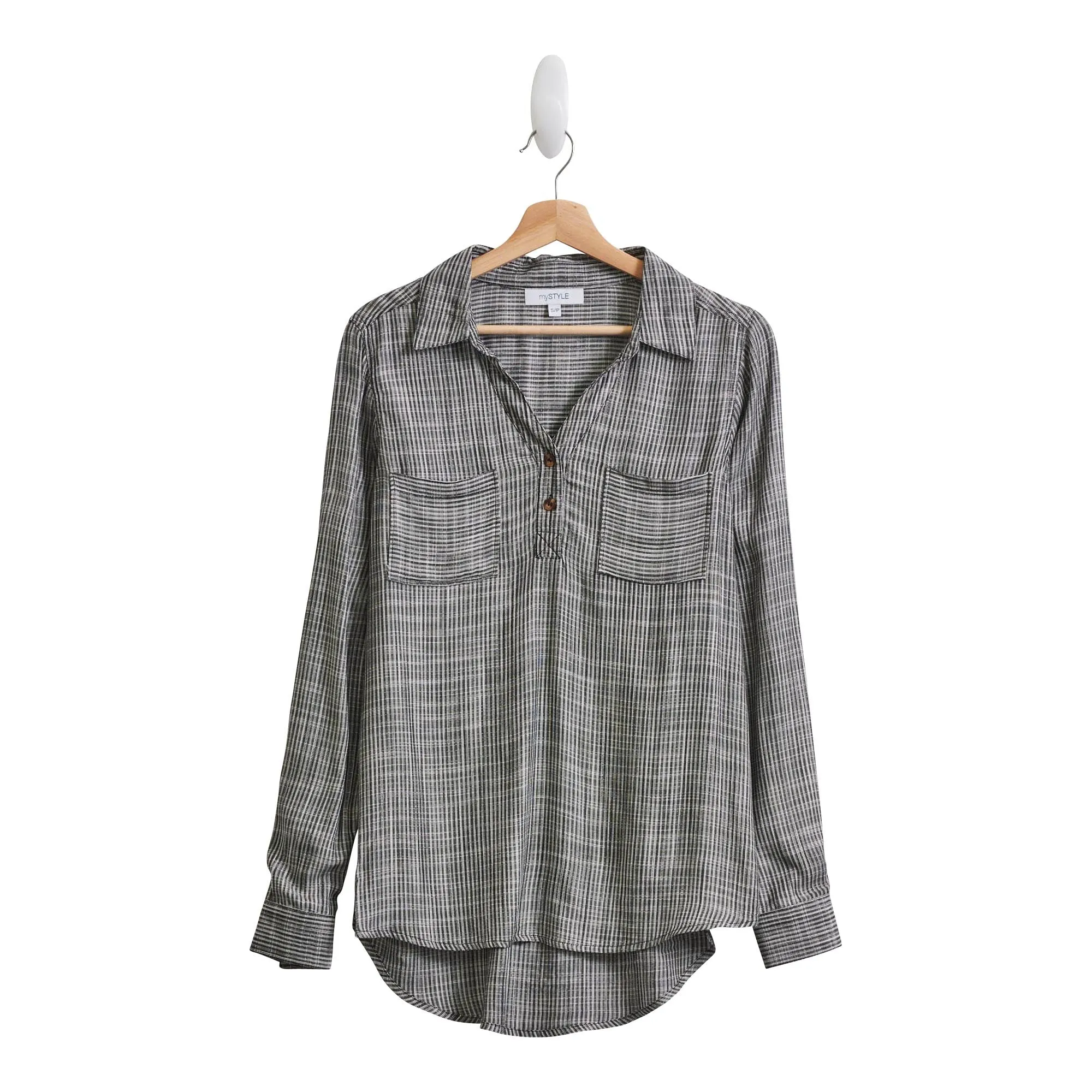 mySTYLE Women's Striped Long Sleeve Popover Shirt with Button Placket and Dual Chest Pockets sold by Giant Tiger product image thumbnail 2