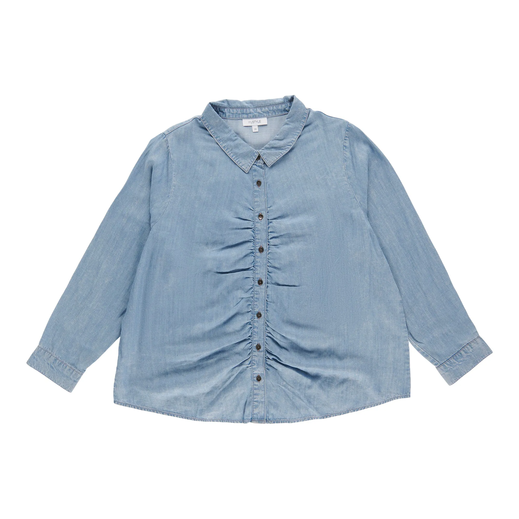 mySTYLE Women's Plus Denim Shirred Shirt sold by Giant Tiger