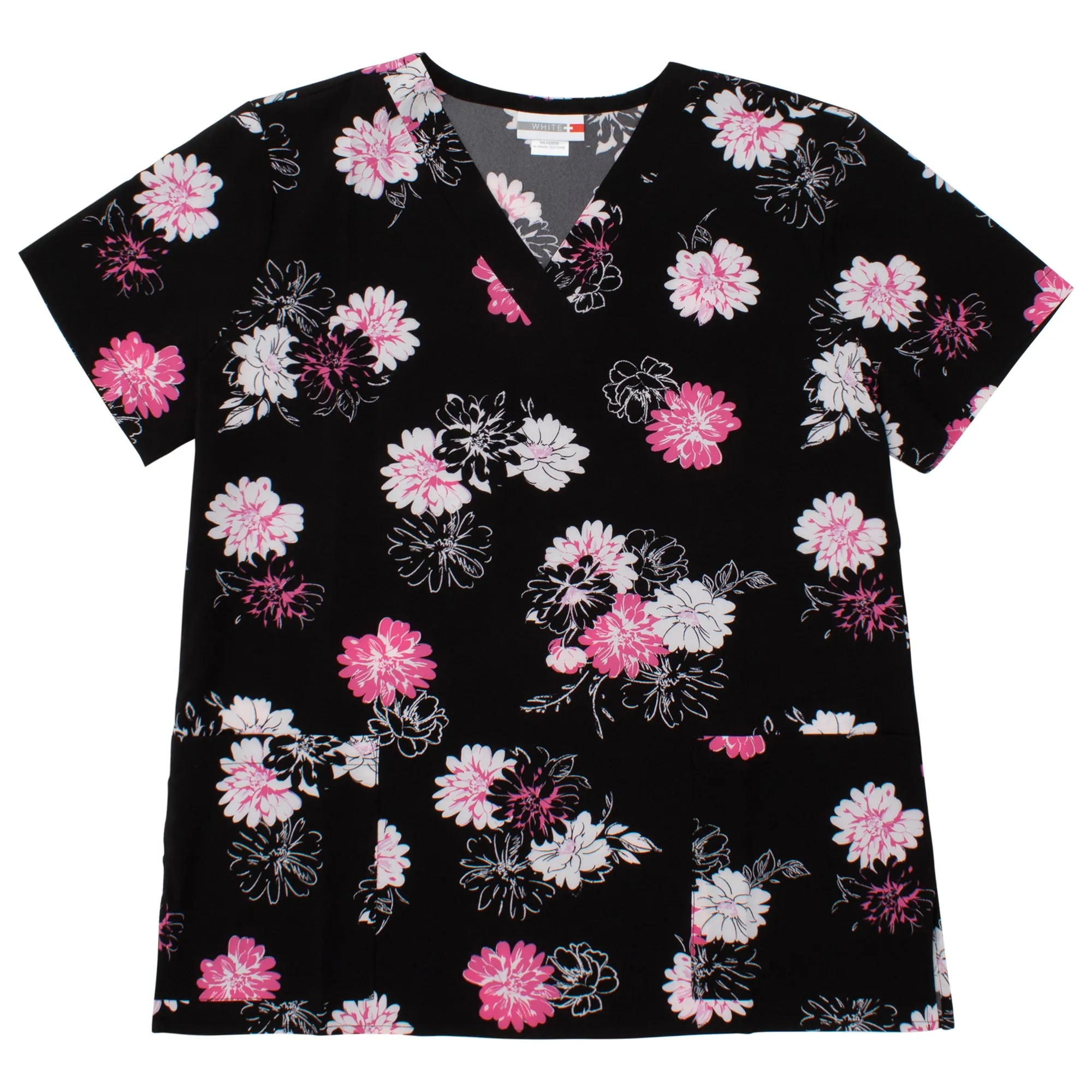 White Cross Women's Printed Flower Short Sleeve V-Neck Scrub Top with Front Pockets sold by Giant Tiger