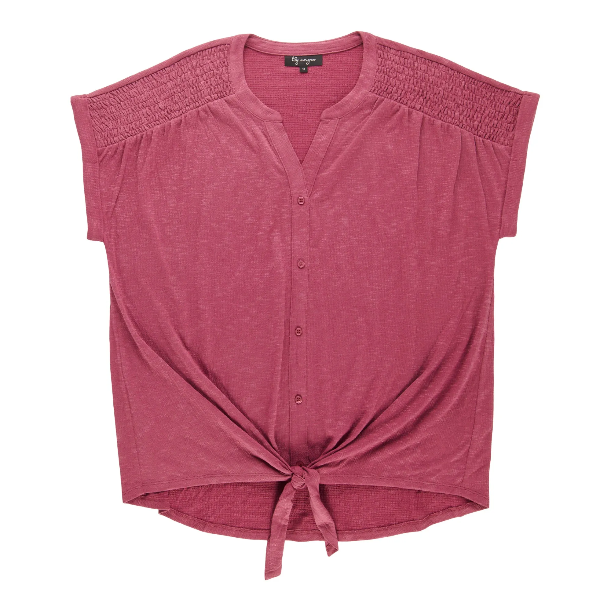 lily morgan Women's Plus V-Neck Smocked Shoulder Top sold by Giant Tiger