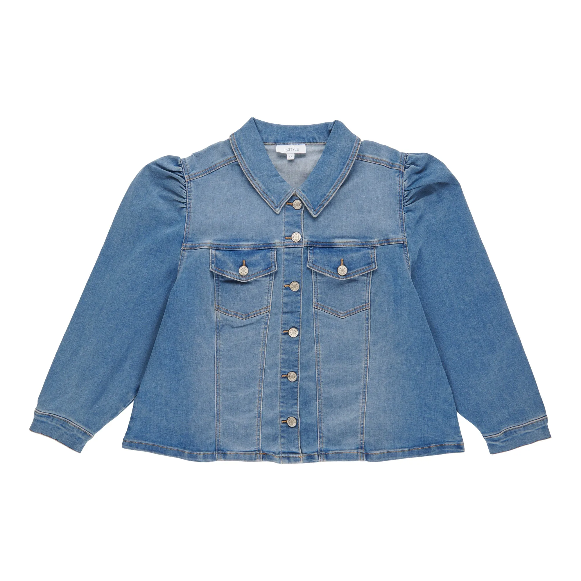 mySTYLE Women's Plus Puff-Shoulder Denim Jacket sold by Giant Tiger