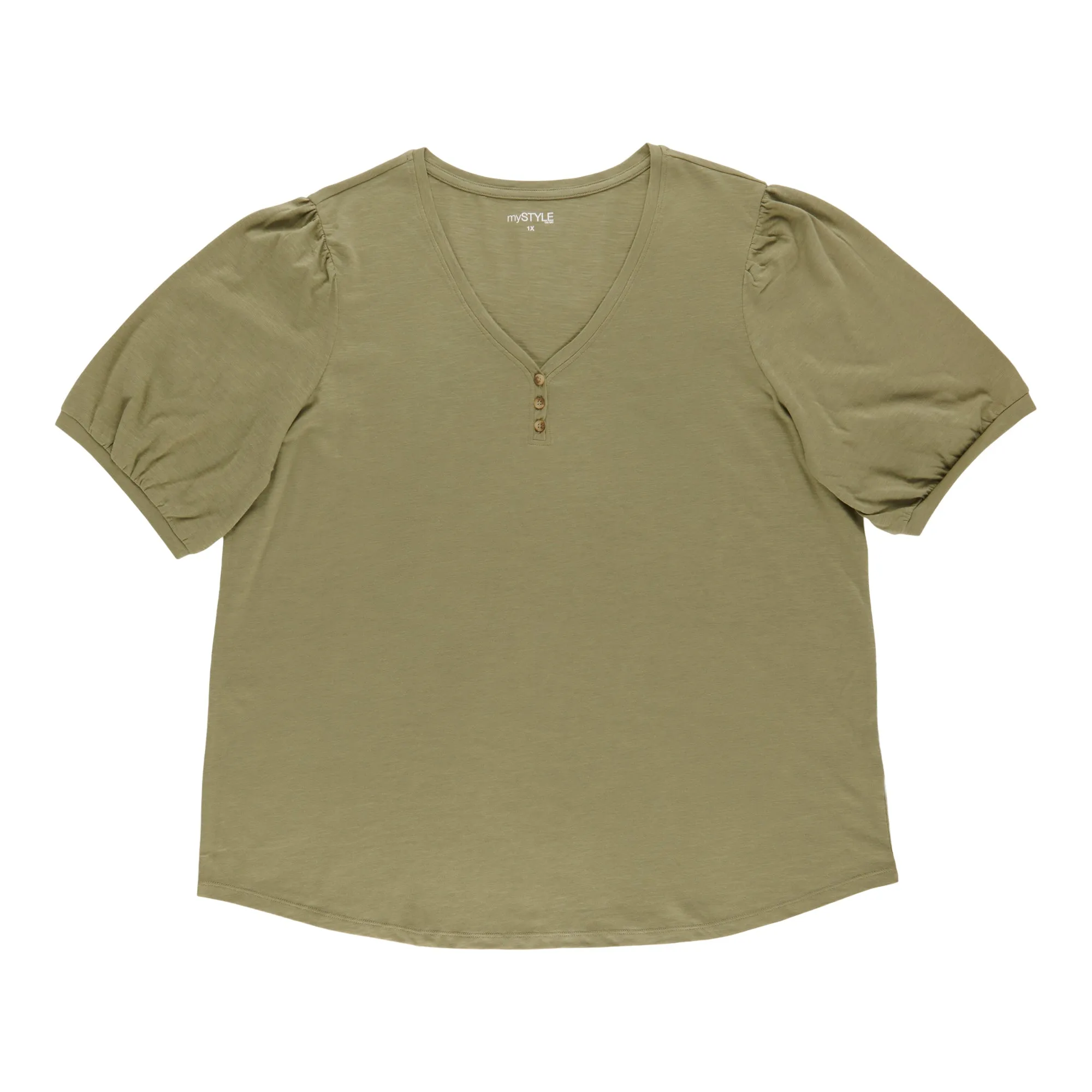 mySTYLE Women's Plus Puff Sleeve Henley Tee sold by Giant Tiger