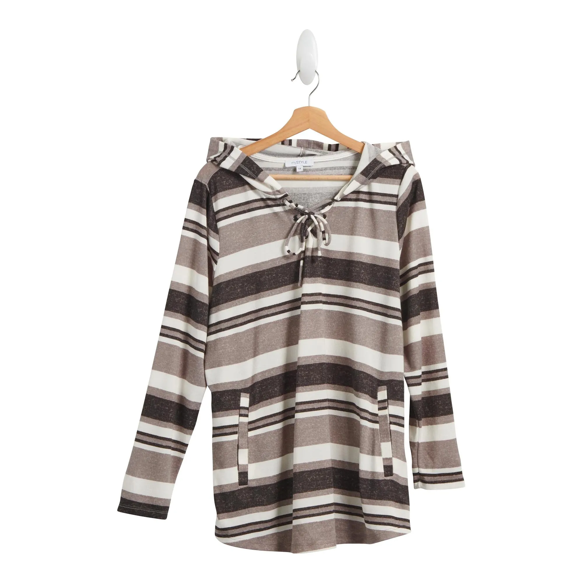 mySTYLE Women's Plus Striped Hoodie with Drawstring and Front Pockets sold by Giant Tiger