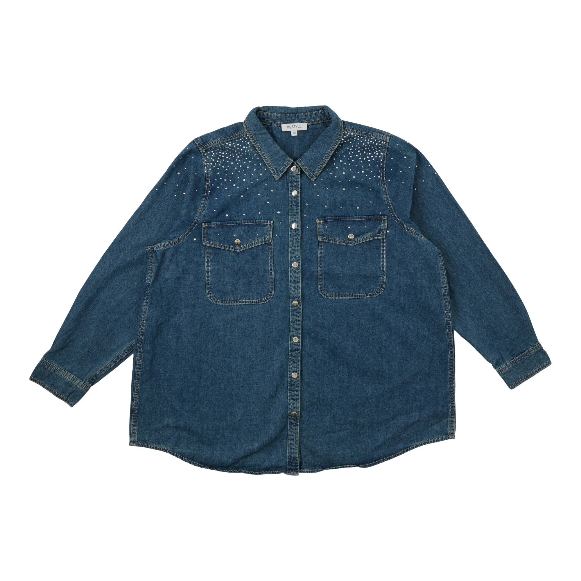 mySTYLE Women's Plus Denim Shirt with Rhinestones sold by Giant Tiger