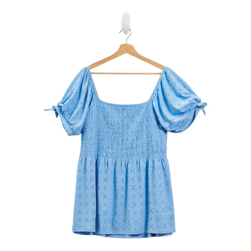 lily morgan Women's Plus Smocked Tie Sleeve Top - 1X-3X sold by Giant Tiger