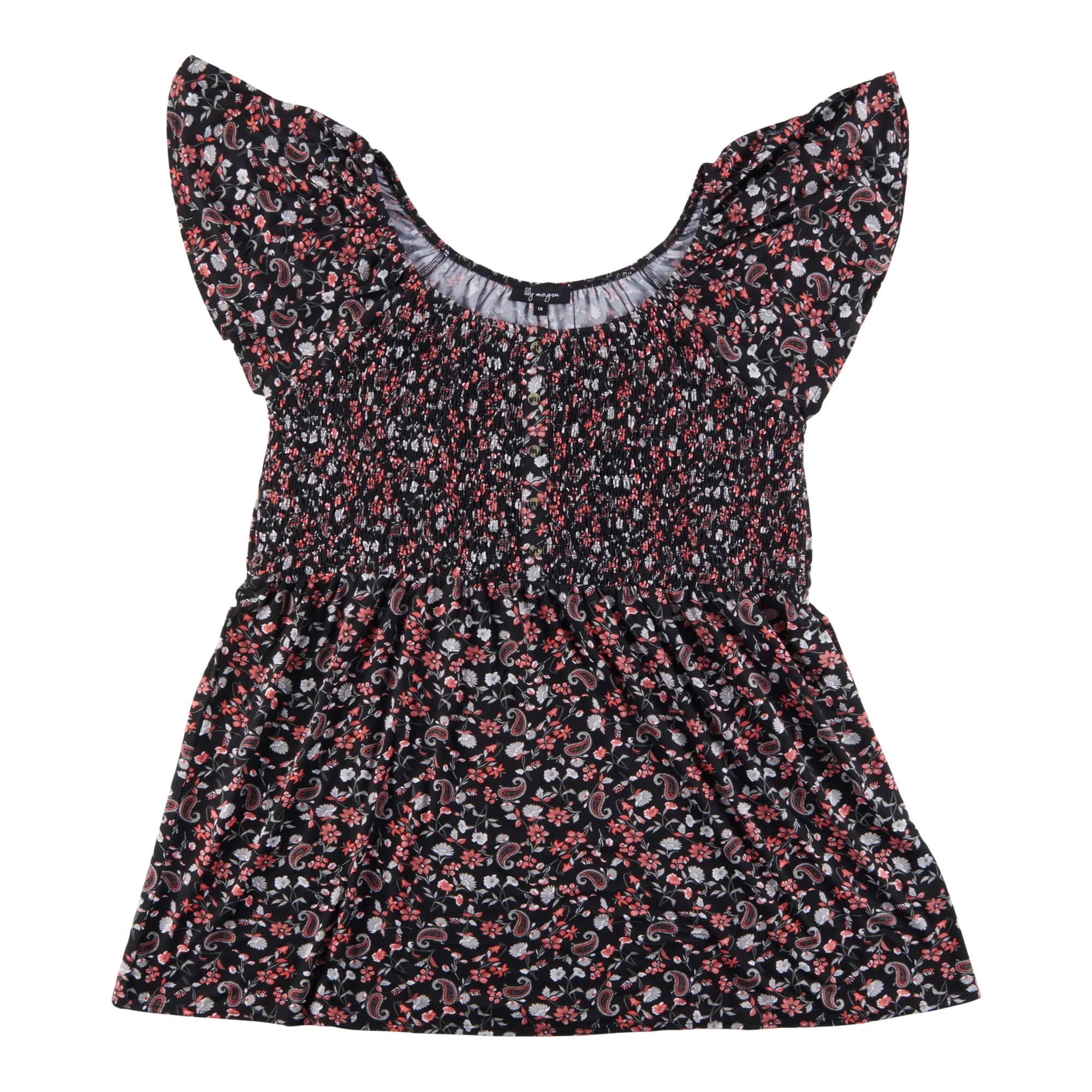 lily morgan Women's Plus Tropical Button Smocked Top sold by Giant Tiger
