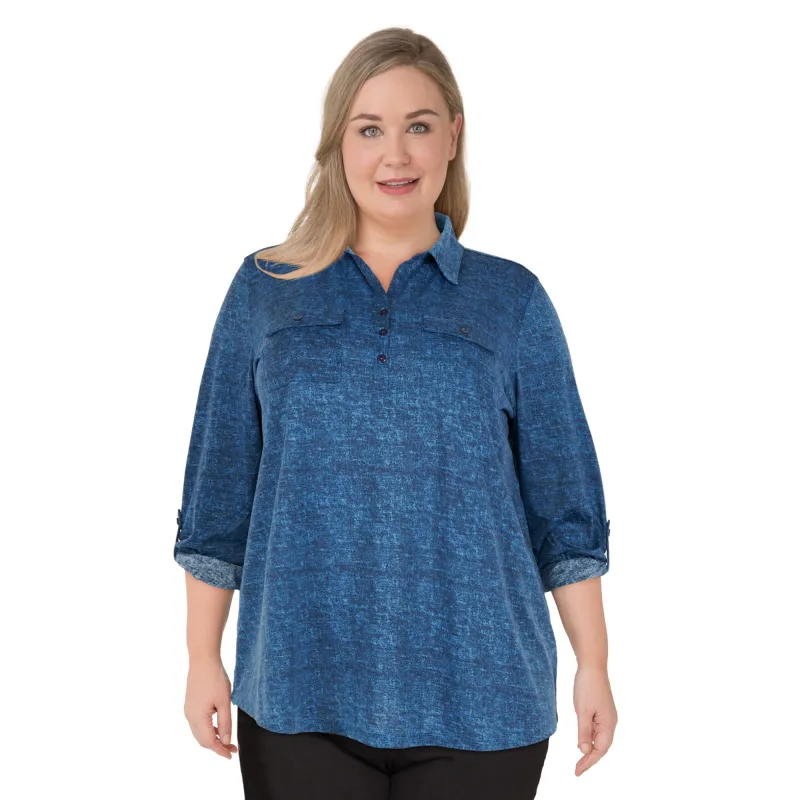 mySTYLE Women's Plus 3/4 Denim-Like Shirt sold by Giant Tiger