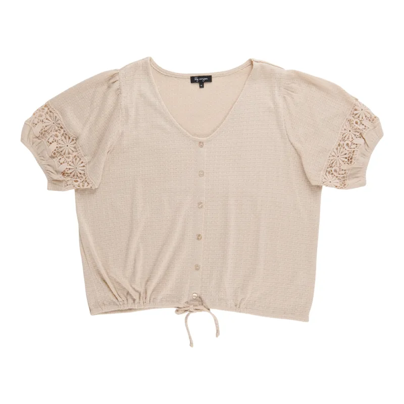 lily morgan Women's Plus Tie-Front Top with Crochet Detailing made by Giant Tiger