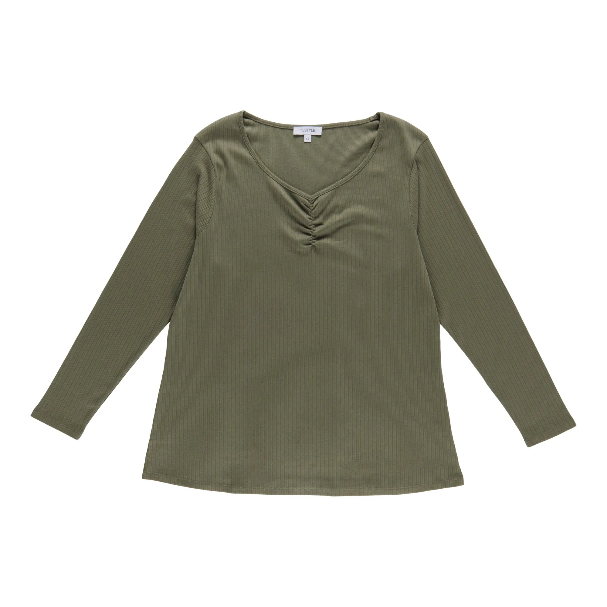 mySTYLE Women's Plus Ruched Front Ribbed Long Sleeve T-Shirt sold by Giant Tiger