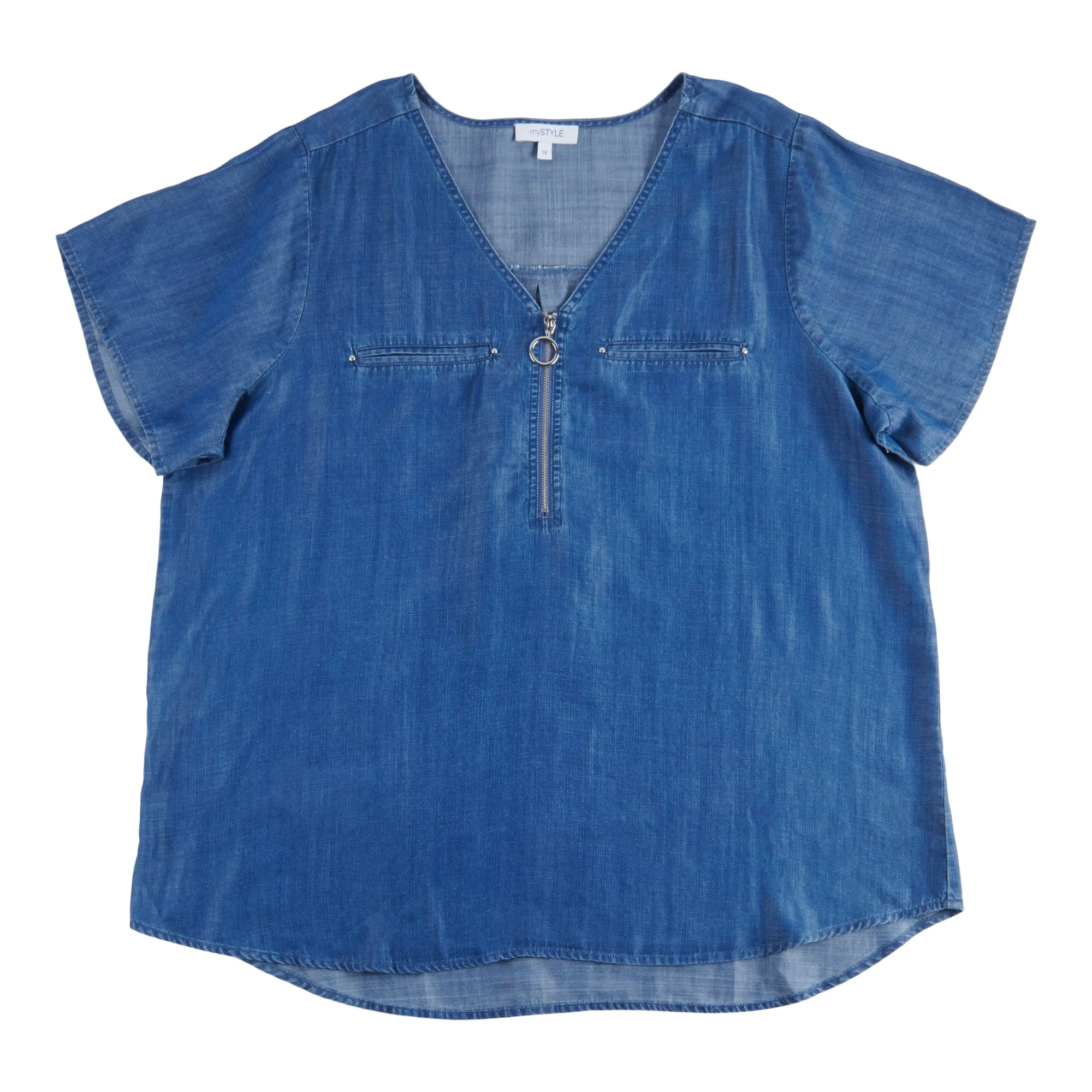 mySTYLE Women's Plus Street Smart Short Sleeve Denim Shirt with 1/4 Zip Detail sold by Giant Tiger product image thumbnail 2