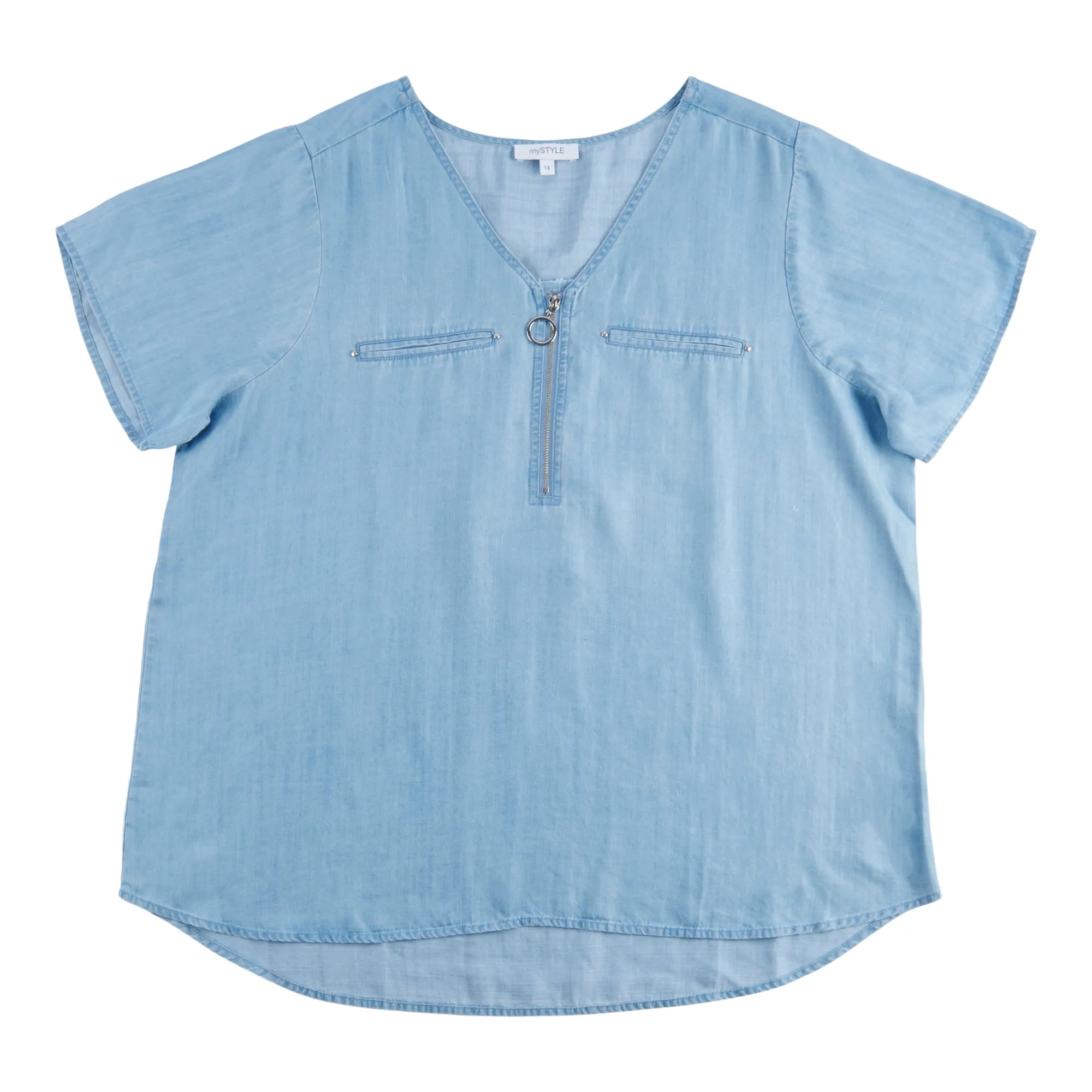 mySTYLE Women's Plus Street Smart Short Sleeve Denim Shirt with 1/4 Zip Detail sold by Giant Tiger