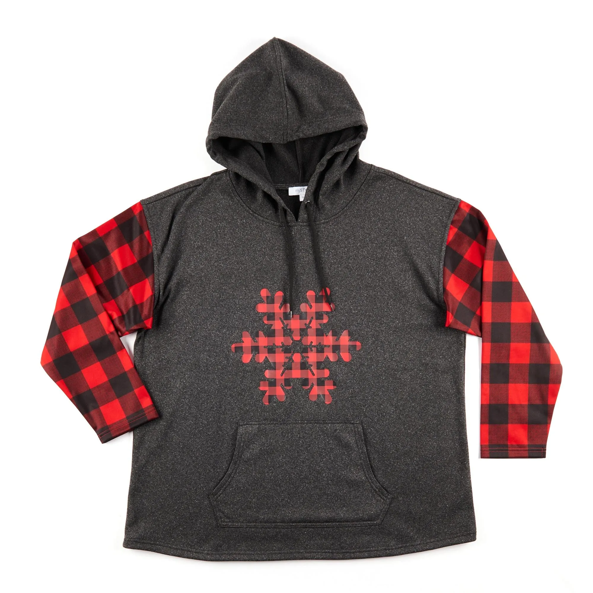 mySTYLE Women's Plus Hoodie with Long Plaid Sleeves sold by Giant Tiger