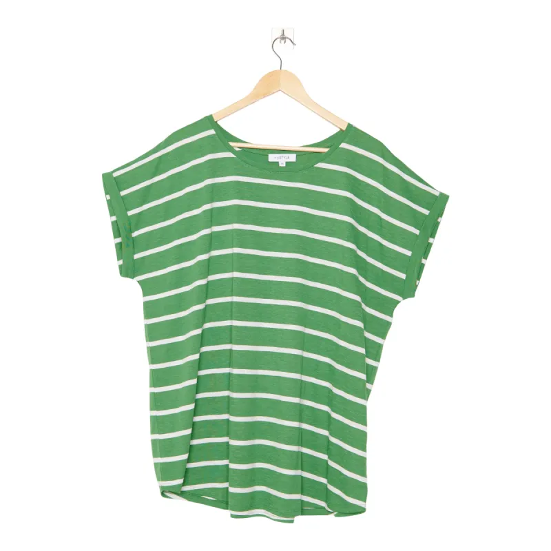 mySTYLE Women's Plus Street Smart Stripe Slub Roll Sleeve Top sold by Giant Tiger