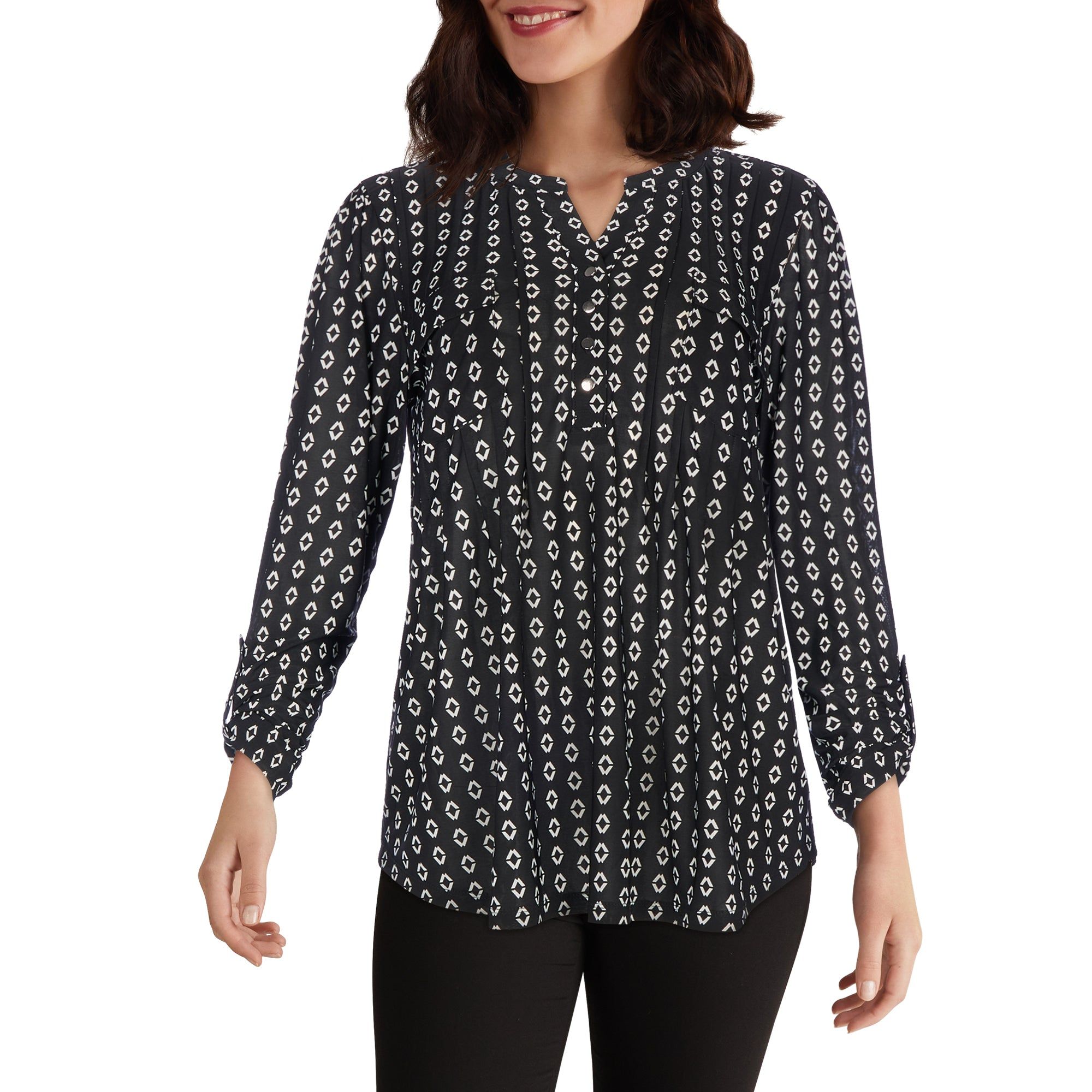 lily morgan Women's 3/4 Sleeve Printed Pintuck Top sold by Giant Tiger product image thumbnail 3