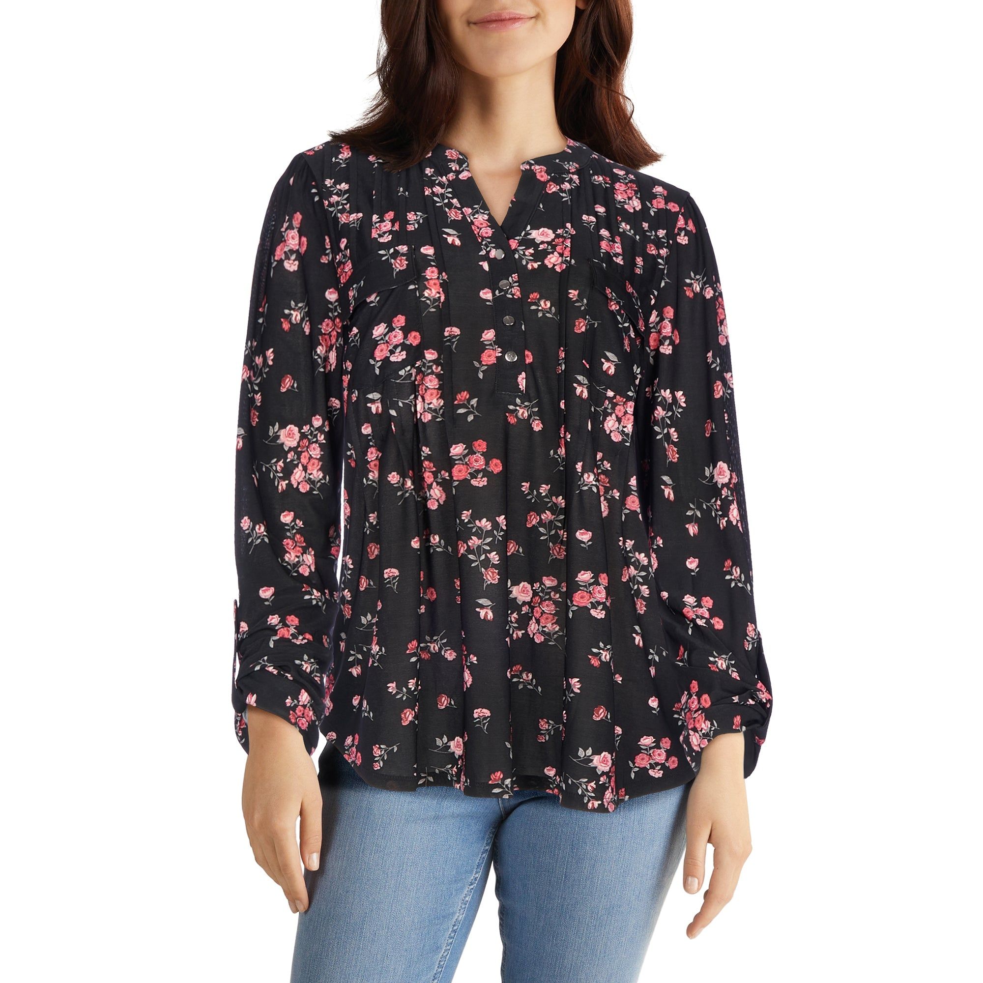 lily morgan Women's 3/4 Sleeve Printed Pintuck Top sold by Giant Tiger