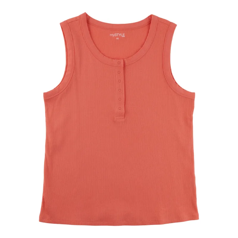 mySTYLE Women's Plus Summer Sizzle Rib Henley Tank Top sold by Giant Tiger