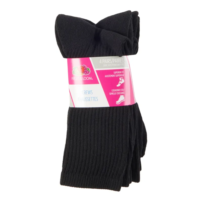Fruit of the Loom Women's Crew Socks, Black, 4-Pack made by Fruit of the Loom