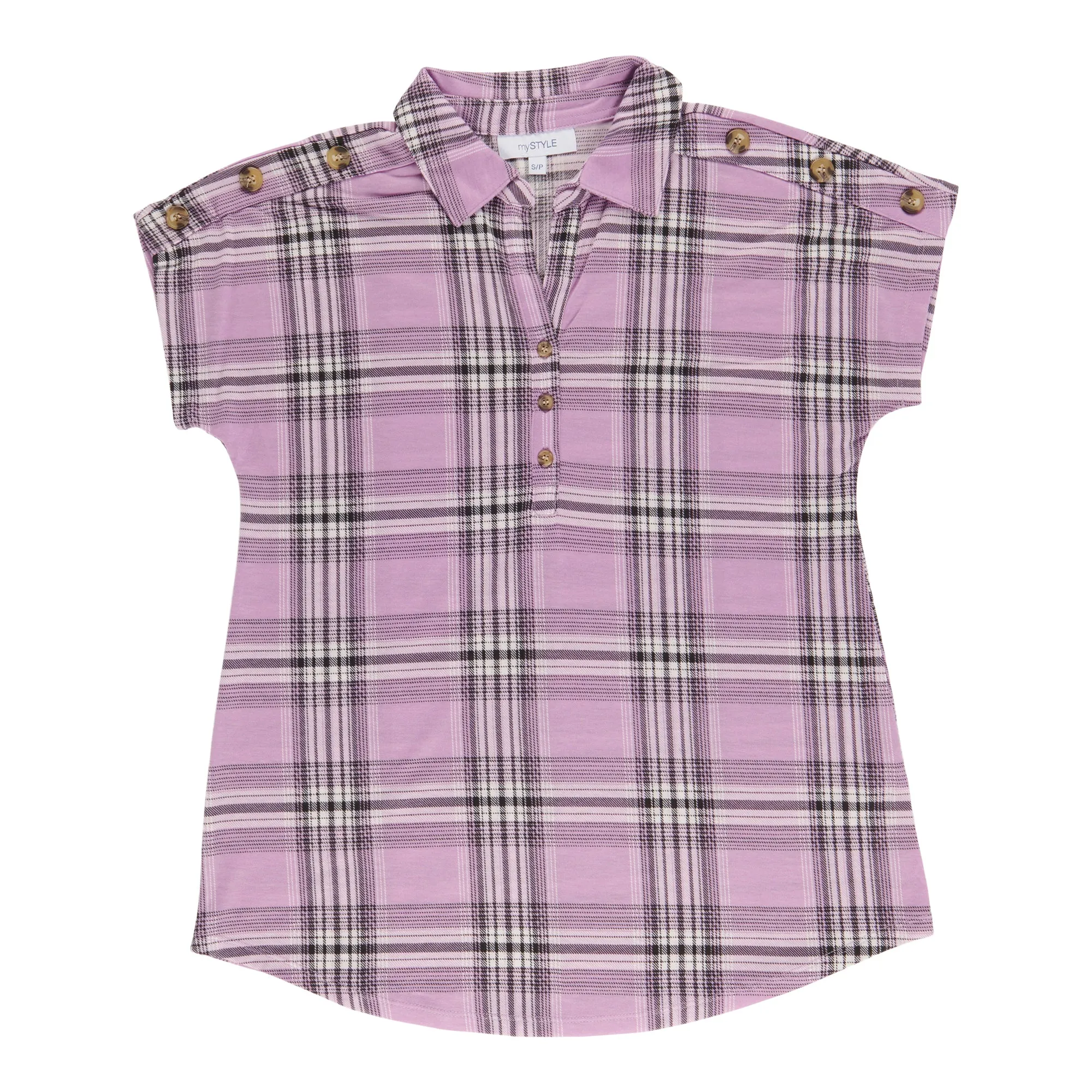mySTYLE Women's Plaid V-Neck Short Sleeve Button Blouse sold by Giant Tiger product image thumbnail 3