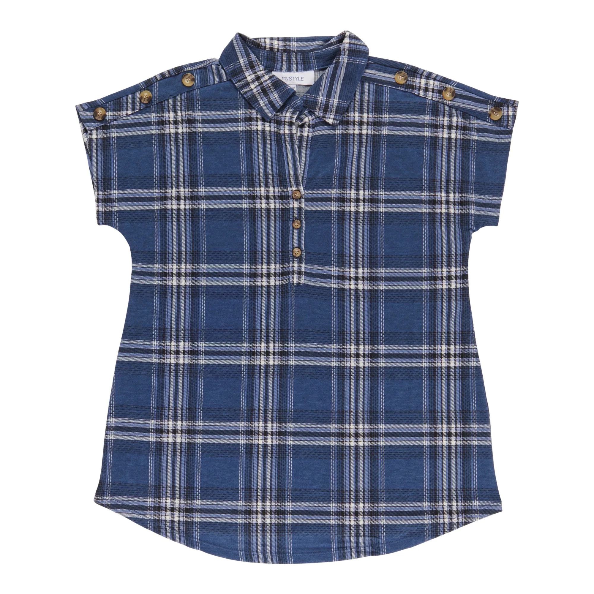 mySTYLE Women's Plaid V-Neck Short Sleeve Button Blouse sold by Giant Tiger