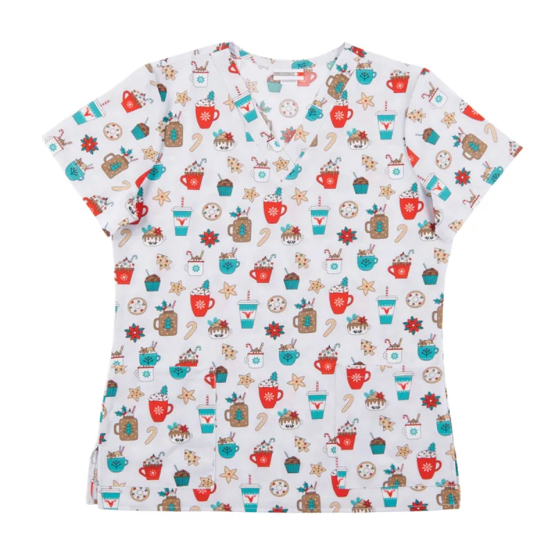 North Country Women's Scrub Top with Coffee Mugs and Treats Print, Grey sold by Giant Tiger