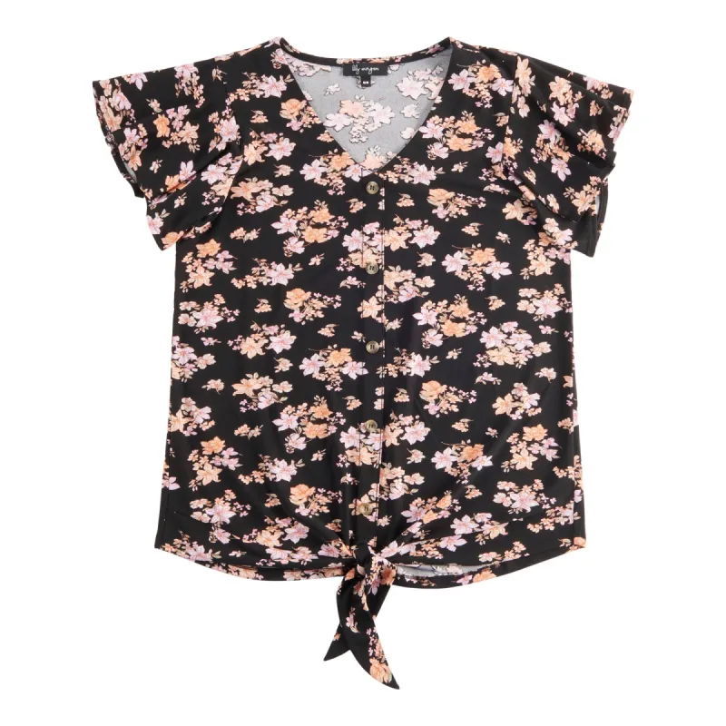 lily morgan Women's Simply Chic Floral Tie Front Top, Black sold by Giant Tiger