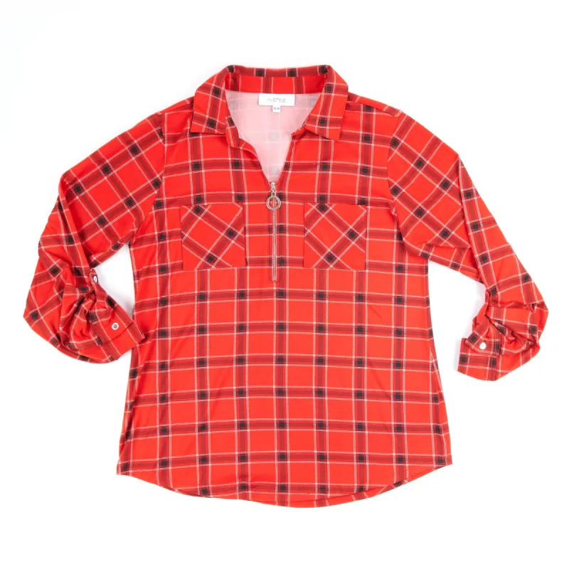 mySTYLE Women's Plus Plaid Top with Roll-Up Sleeves sold by Giant Tiger