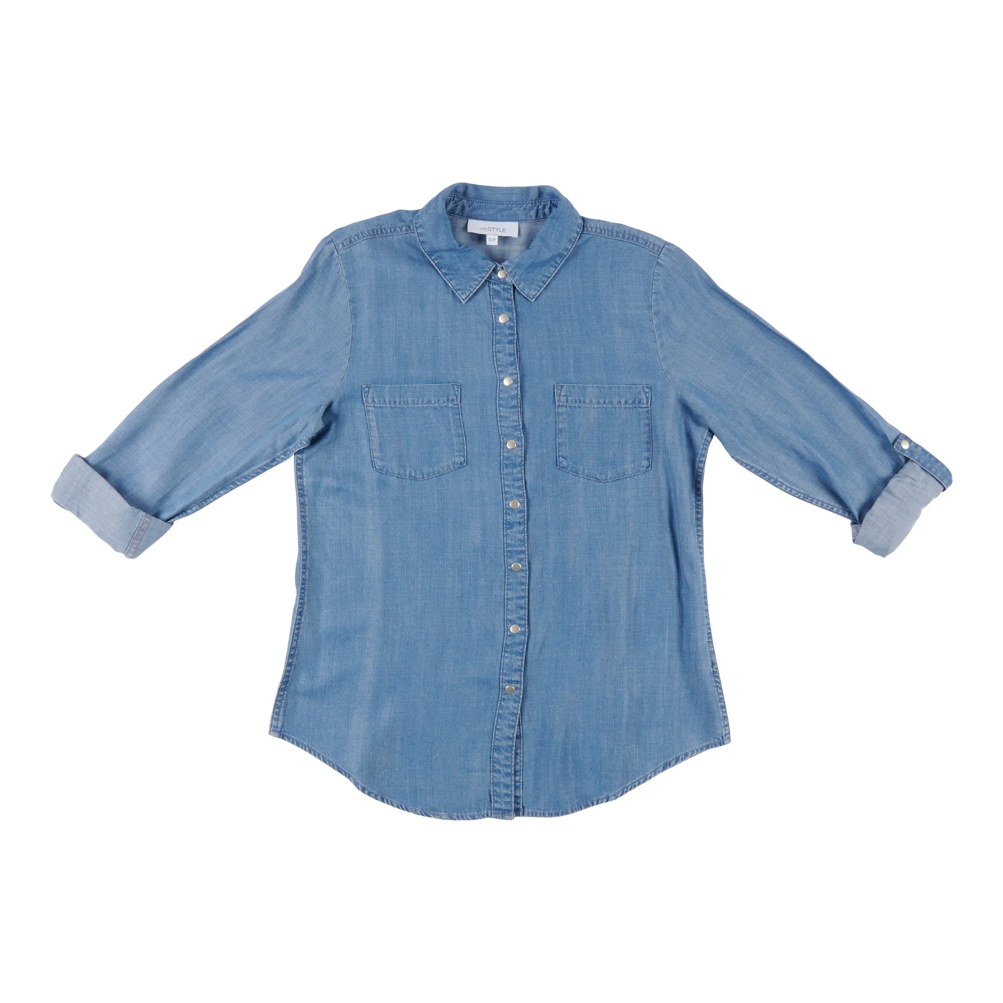 mySTYLE Women's Collared Snap Front Denim Shirt sold by Giant Tiger