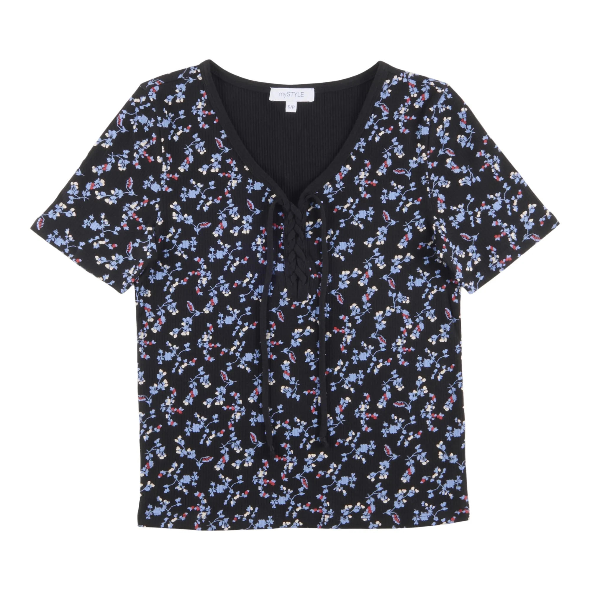 mySTYLE Women's Street Smart All-Over Print Rib Lace up Tee sold by Giant Tiger