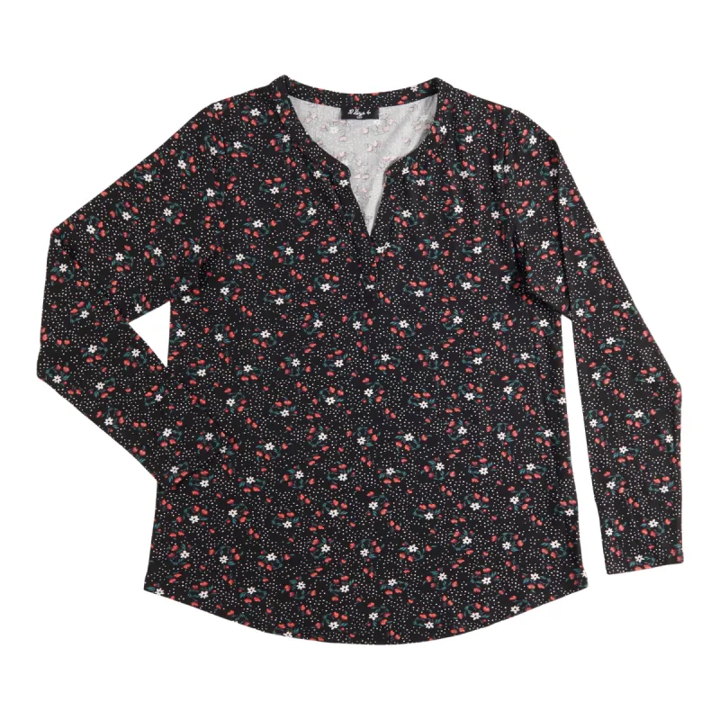 Women's Long Sleeve Printed Split V-Neck Top, Black Floral sold by Giant Tiger