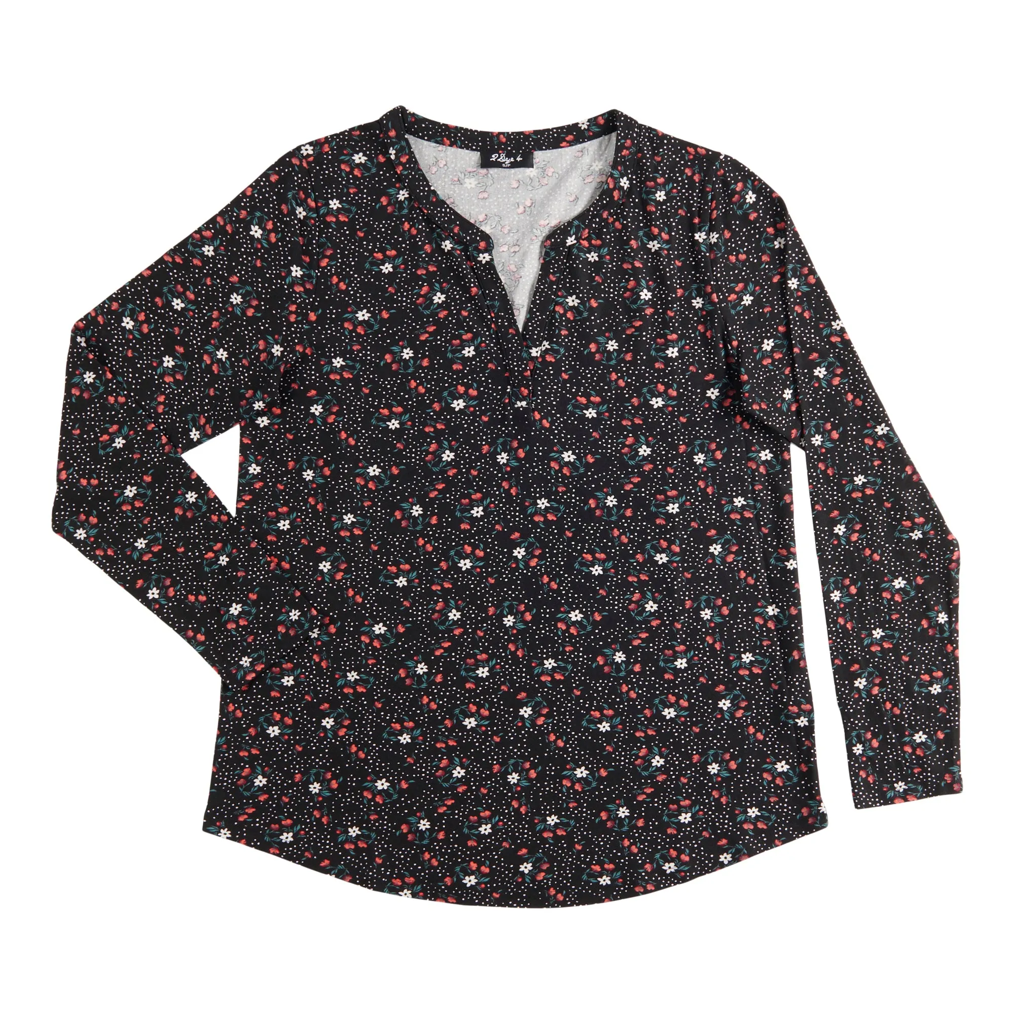 Women's Long Sleeve Printed Split V-Neck Top, Black Floral sold by Giant Tiger