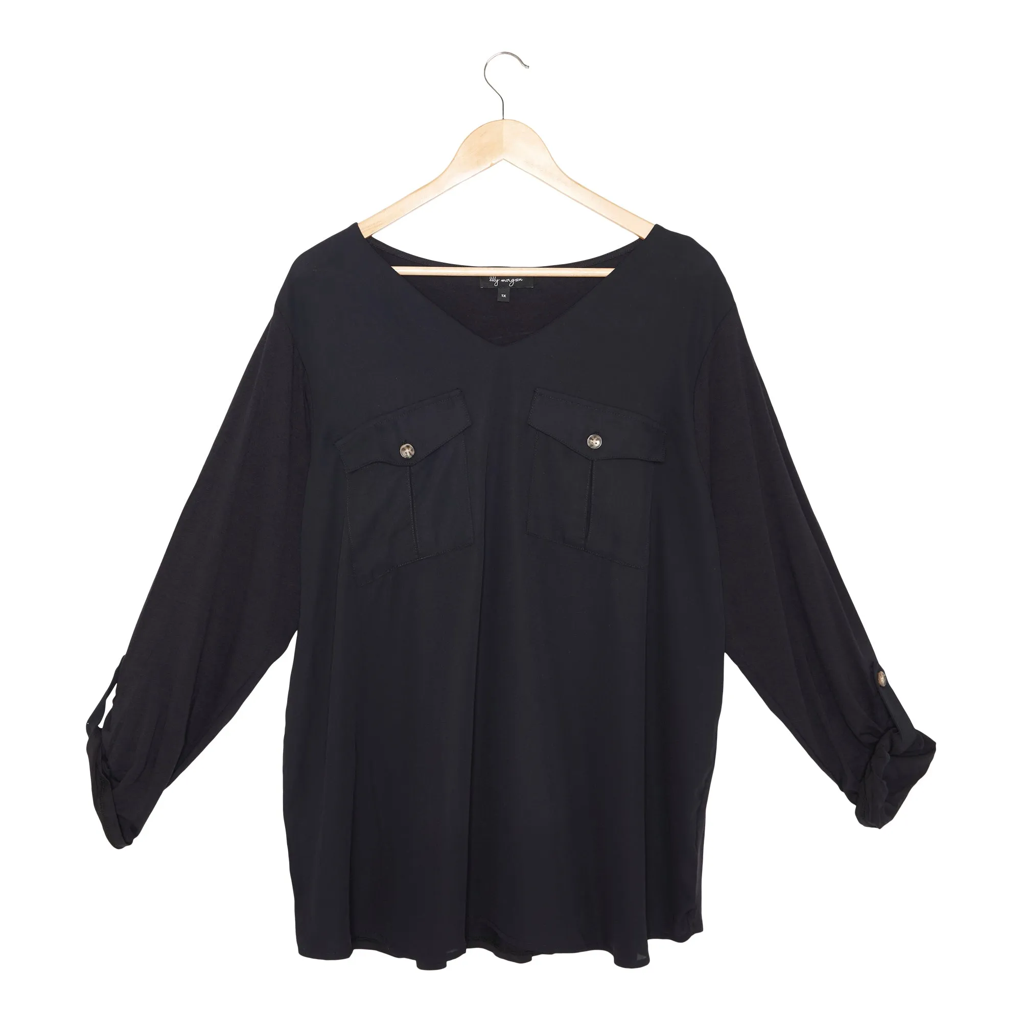 lily morgan Women's Plus Long Sleeve V-Neck Top with Chest Pockets sold by Giant Tiger