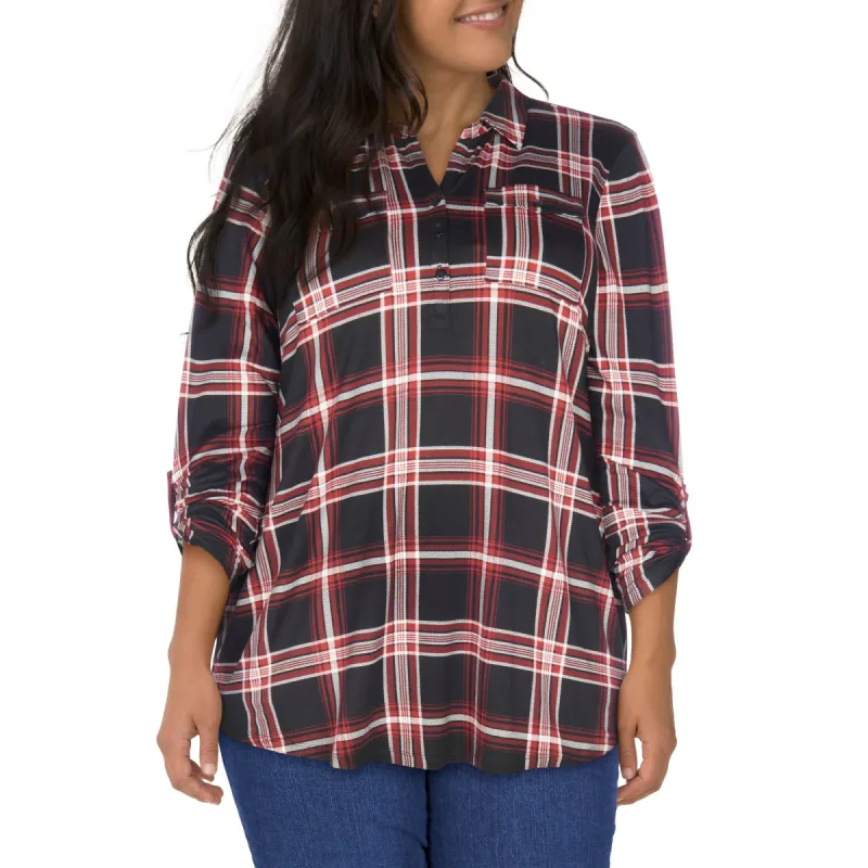 mySTYLE Women's Plus Plaid Long Sleeve Split V-Neck Top with 1/4 Button Placket sold by Giant Tiger