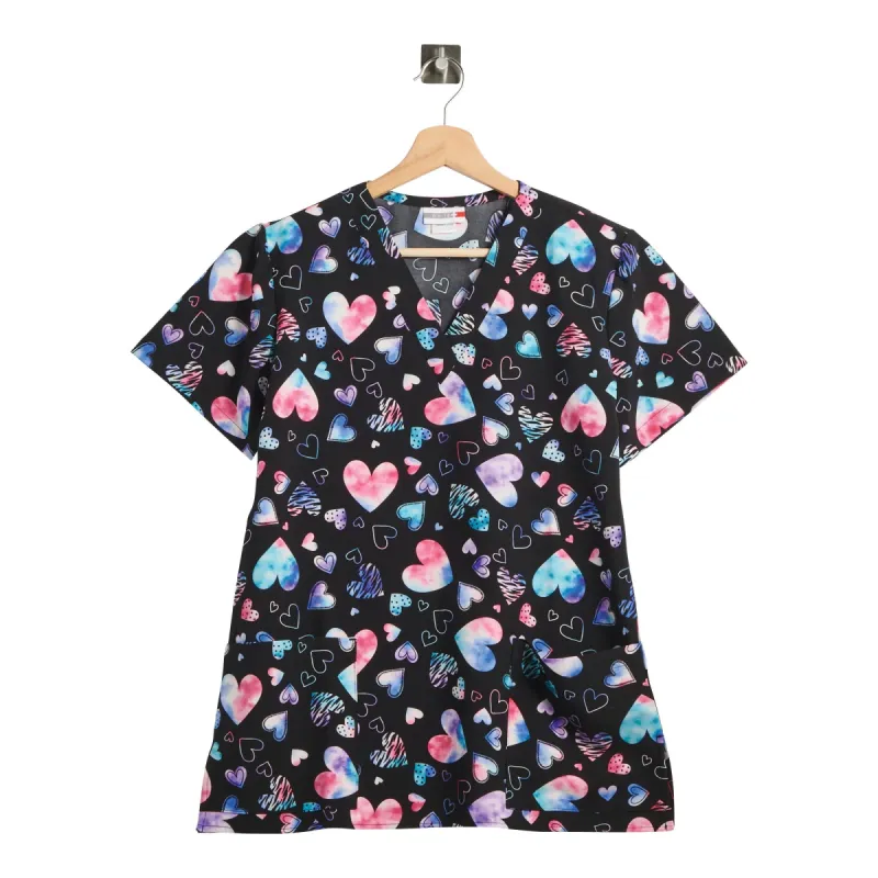 White Cross Women's Printed Heart Short Sleeve V-Neck Scrub Top with Wrap Front made by White Cross