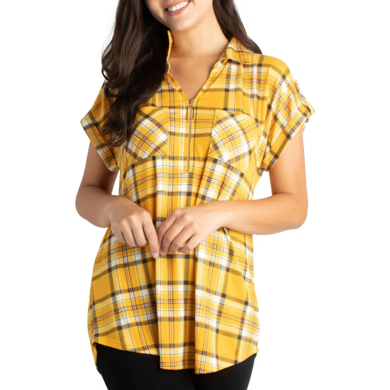 mySTYLE Women's Plaid Short Sleeve Collared Top with 3/4 Zip Closure sold by Giant Tiger