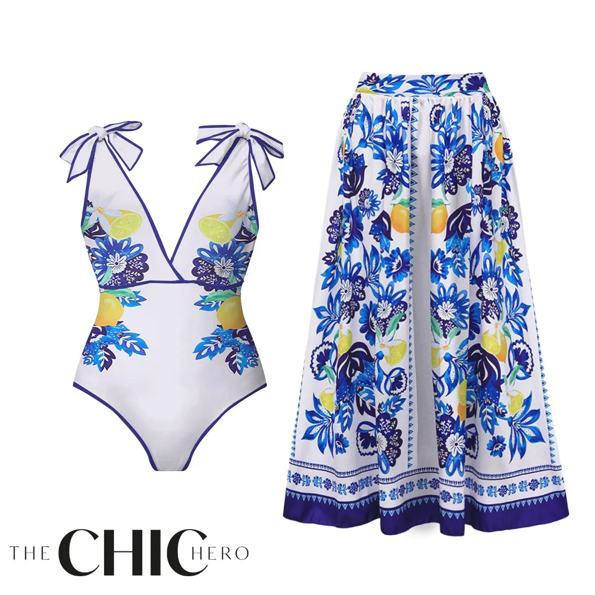 Lemon Blue Floral Print One-Piece Swimsuit&Skirt sold by TheChicHero