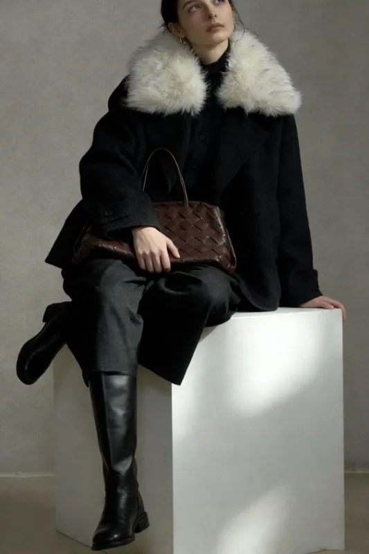 Wool blend oversized collar jacket dark grey made by Polyphonie