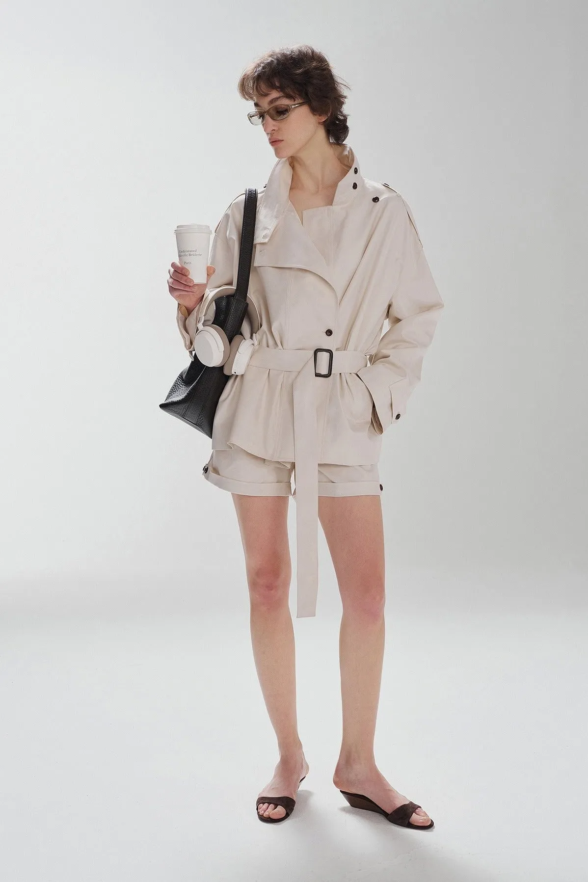 Cotton blend notched collar short trench | 2 color sold by Polyphonie product image thumbnail 3