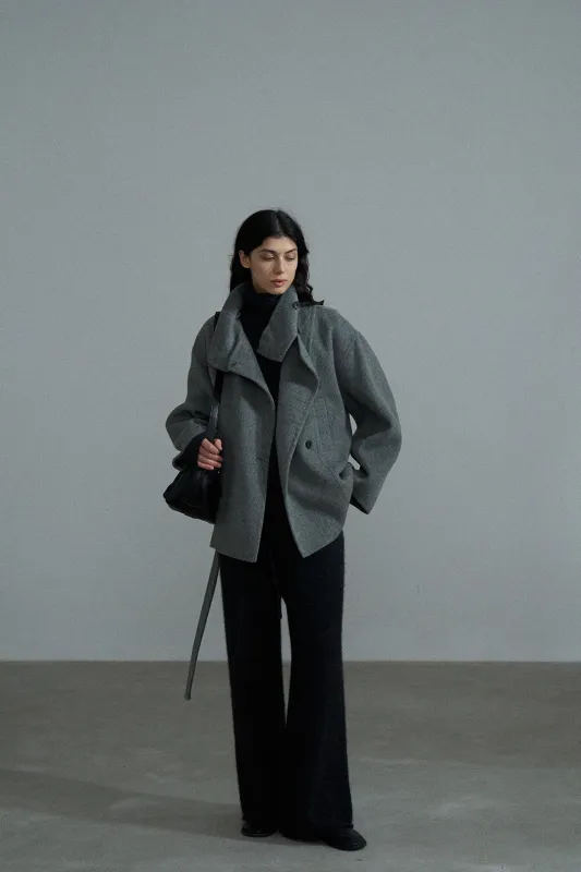 Wool blend alpaca double-sided fabric stand collar jacket light grey made by Polyphonie